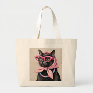 Chic svart katt i rosa babushka-scarf Retro Jumbo Tygkasse