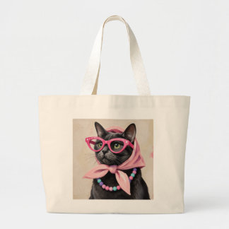 Chic svart katt i rosa babushka-scarf Retro Jumbo Tygkasse