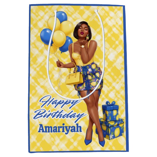 Chic svart kvinna citron & Royal Blue födelsedag (Framsidan)