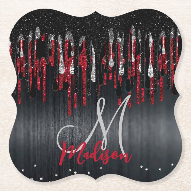 Chic, svart och röd silver glitter droppar monogra underlägg papper (Framsida)