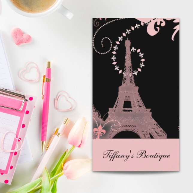 chic svart och rosa paris eiffel torn visitkort (girly chic black and pink paris eiffel tower business card)