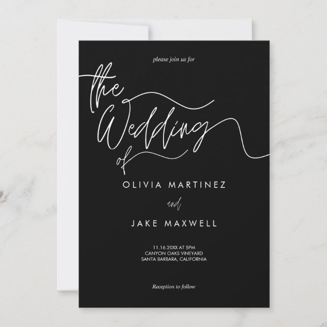 Chic, svart och vitt, modernt skript Bröllop Inbjudningar (Framsida)
