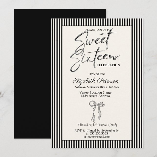 Chic svart randig Sweet 16 Inbjudningar (Fram/baksida)