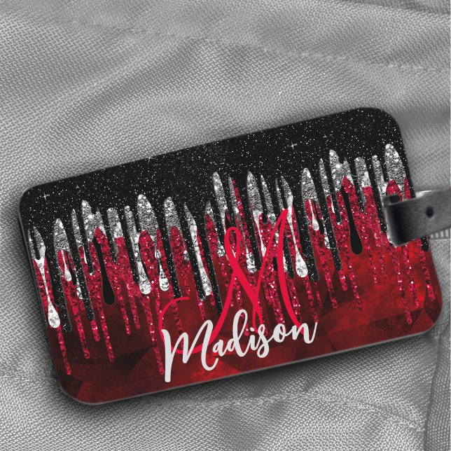 Chic svart röd silver glitter droppar monogram bagagebricka (Skapare uppladdad)