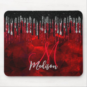 Chic svart röd silver glitter droppar monogram musmatta