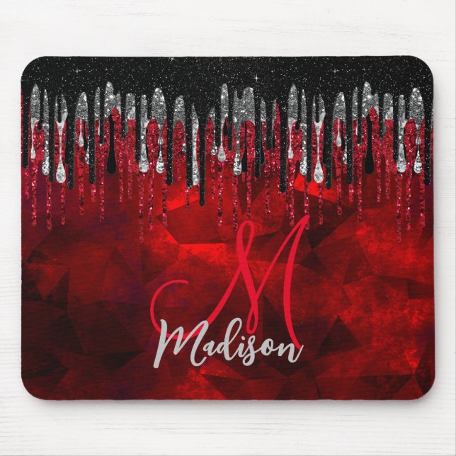 Chic svart röd silver glitter droppar monogram musmatta (Framsidan)