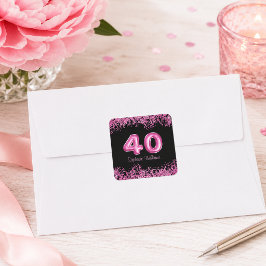 Chic svart rosa falskt glitter 40-årsfest fyrkantigt klistermärke