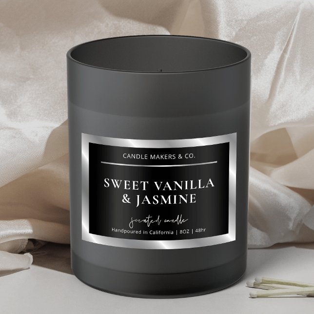 Chic Svart & Silver produktförpackningsljus etiket Mat Etiketter (Elegant black and faux silver foil effect rectangle product labels)