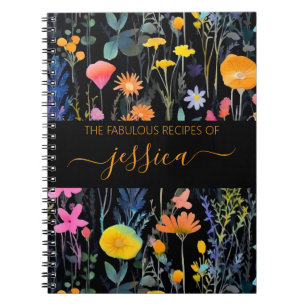 Chic: Svart vattenfärgssnäckblommor namn Recipe Anteckningsbok