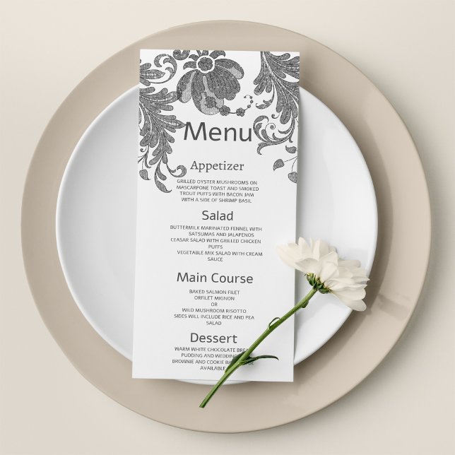 Chic, svart vit glitter blommigt snöre Bröllop Men Program (Chic black white glitter floral lace Wedding Menu )