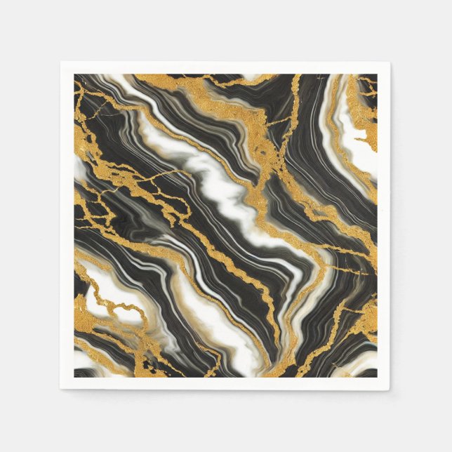 Chic Svart Vit Guld Marmor Utseende Glam Bröllop Pappersservett (Framsidan)