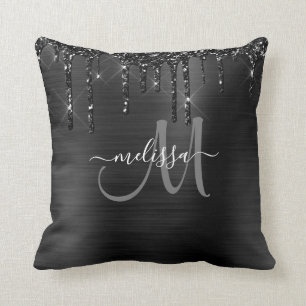 Chic Svarta droppar Glitter borstad Metall-monogra Kudde