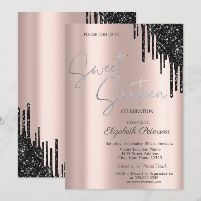 Chic Svarta Glitterdroppar, Rose Gold Sweet 16  Inbjudningar (Fram/baksida)