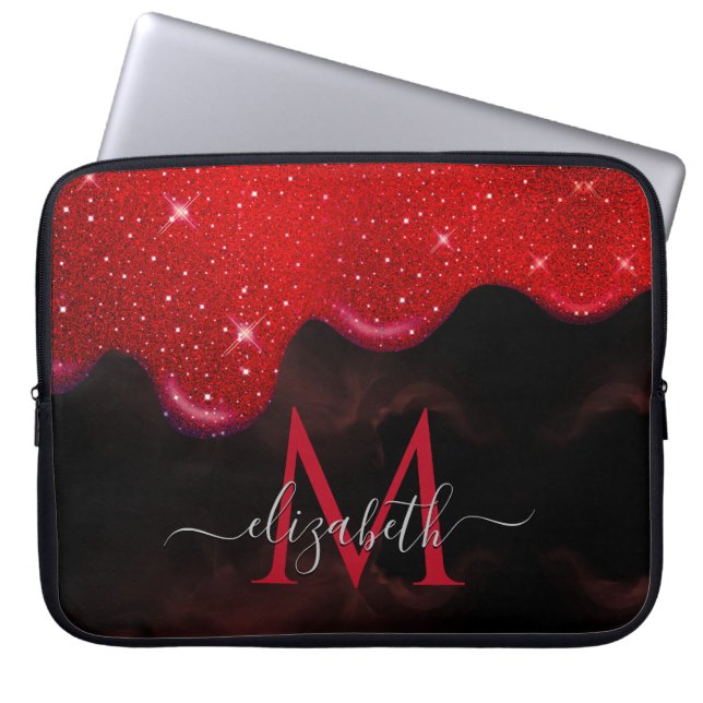 Chic svarta röda droppar glitter marbling monogram laptop fodral (Framsidan)