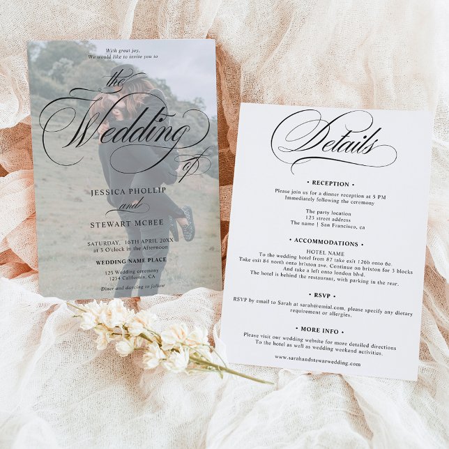 Chic Svartvit allt i ett skript, bild bröllop Inbjudningar (Chic Black white all in one script photo wedding Invitation)