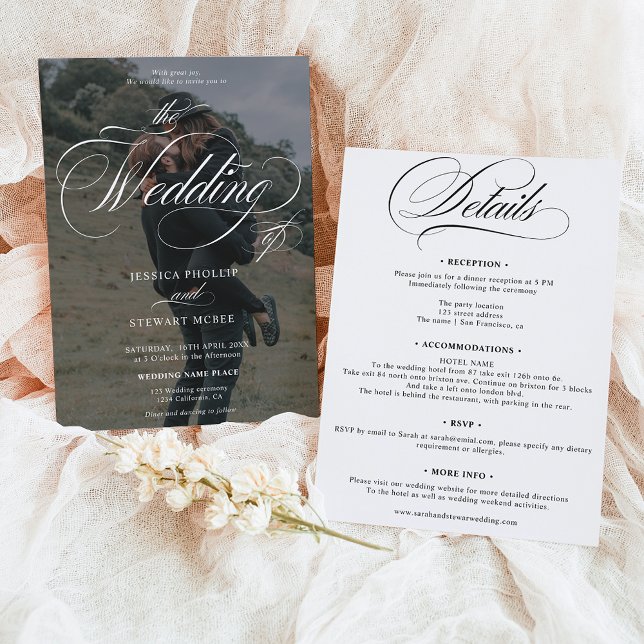 Chic Svartvit allt i ett skript, bild bröllop Inbjudningar (Chic Black white all in one script photo wedding Invitation)