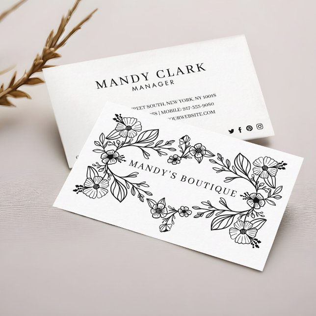 Chic Svartvit Blommigt Utandning av botanisk Blomm Visitkort (Chic Black & White Floral Botanical Floral Wreath Business Card)