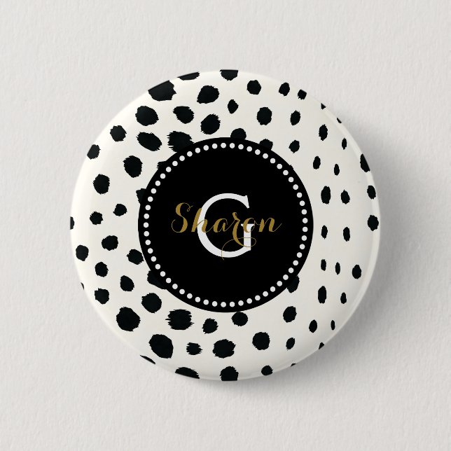 Chic svartvit cheetah print mönster monogram knapp (Framsida)