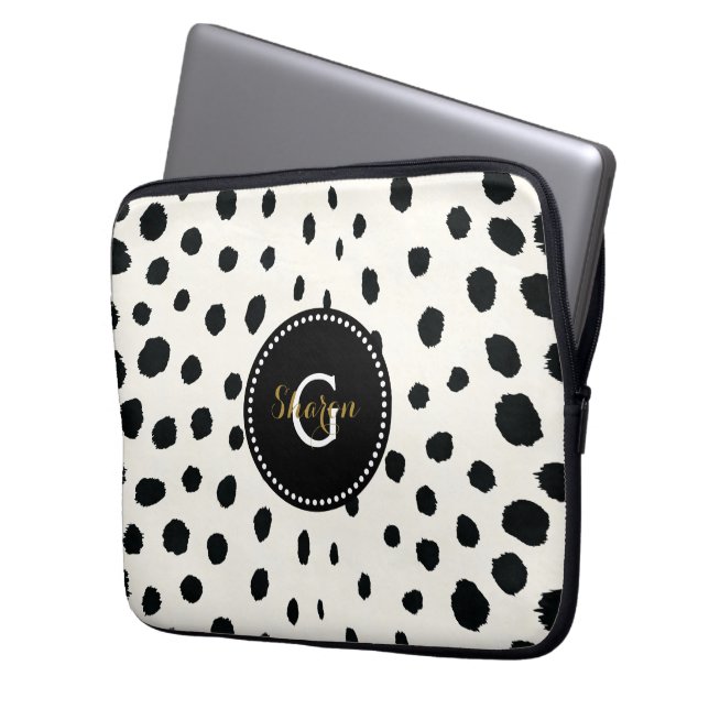 Chic svartvit cheetah print mönster monogram laptop sleeve (Framsidan Vänster)