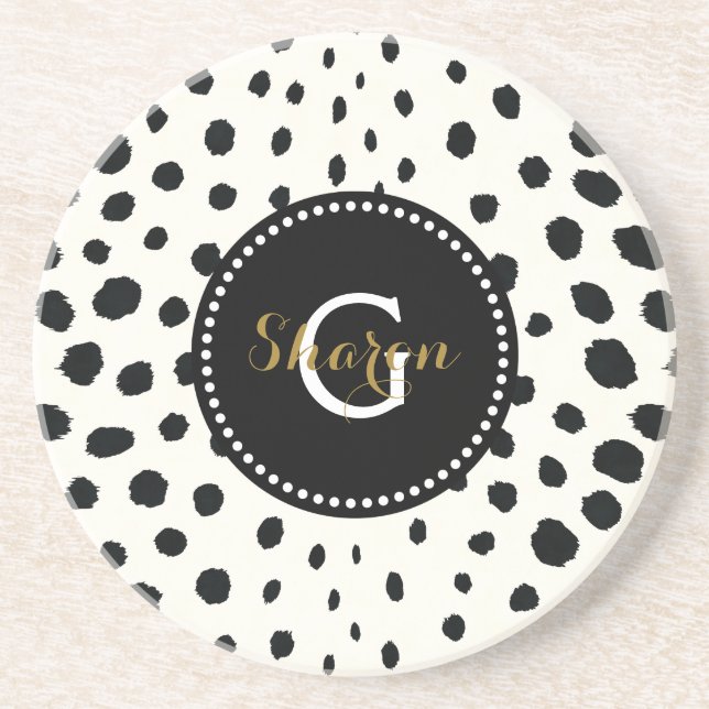 Chic svartvit cheetah print mönster monogram underlägg sandsten (Framsidan)