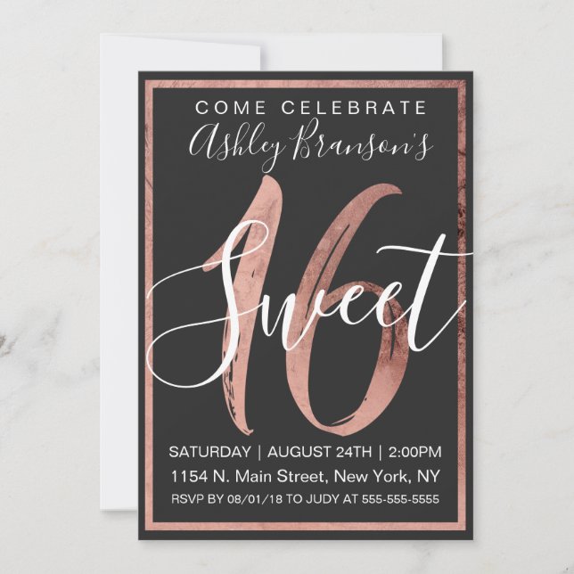 Chic Svartvit faux Ro guldfoil Sweet 16 Inbjudningar (Framsida)