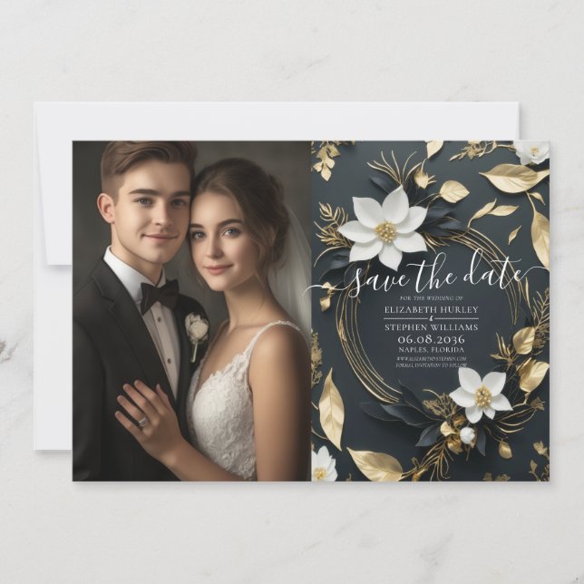 Chic Svartvit Guld Blommigt Utandning Bröllop Foto Spara Datumet (Framsida)