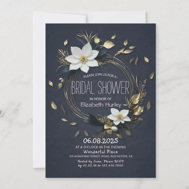Chic Svartvit Guld Blommigt Utandningsluft Möhippa Inbjudningar (Framsida)