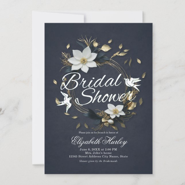 Chic Svartvit Guld Blommigt Utandningsluft Möhippa Inbjudningar (Framsida)