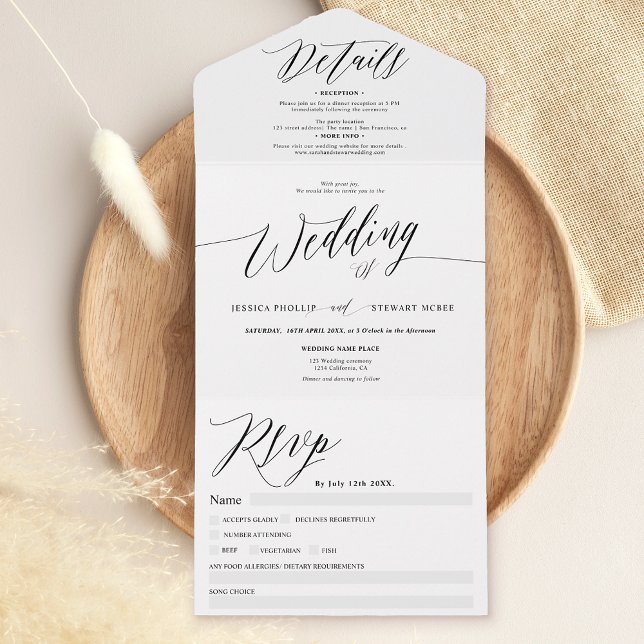 Chic svartvit modern kalligrafi bröllop (Chic black white modern calligraphy wedding all in one invitation)
