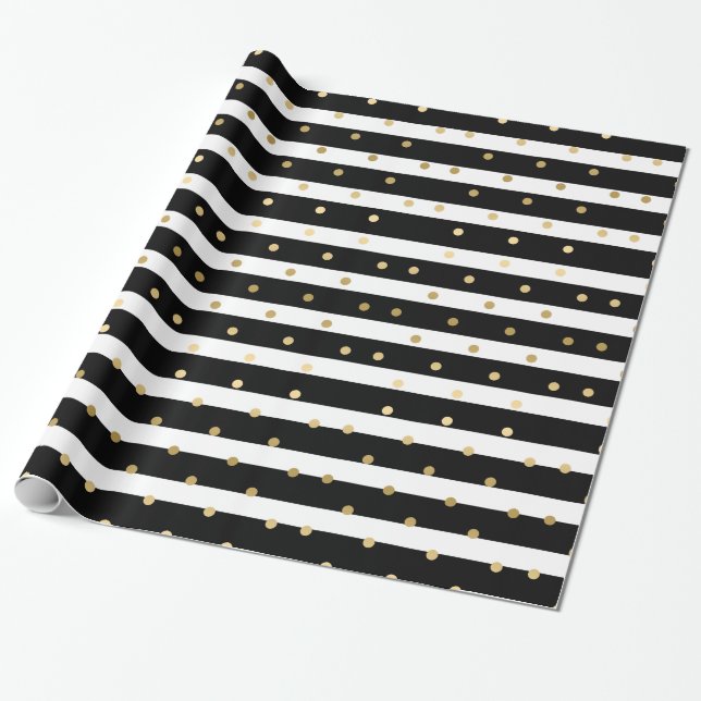 Chic Svartvit Rand med Guld Polka dots Presentpapper (Utrullad)