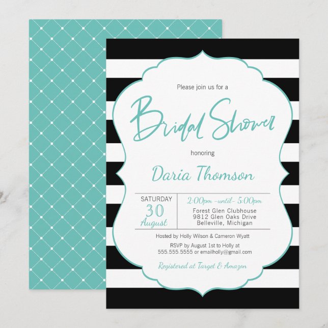 Chic Svartvit Rand Turquise-Möhippa Inbjudningar (Fram/baksida)