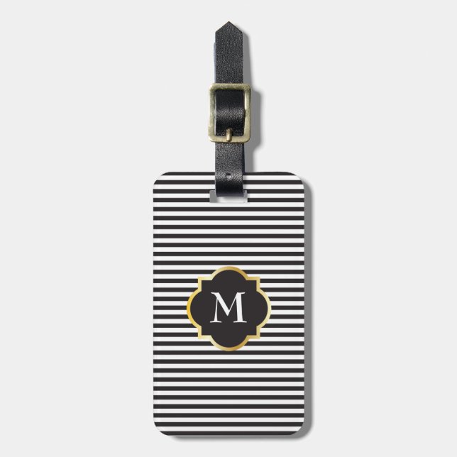 Chic svartvit randguldMonogram Bagagebricka (Vertikal Framsida)