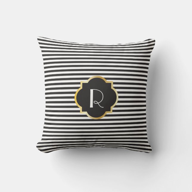 Chic svartvit randguldMonogram Kudde (Framsida)