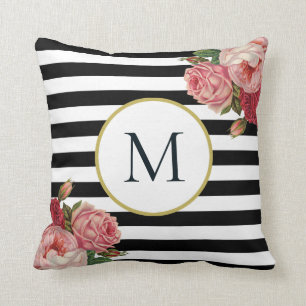 Chic Svartvitt strimlad Retro-Blommigt Monogram Kudde