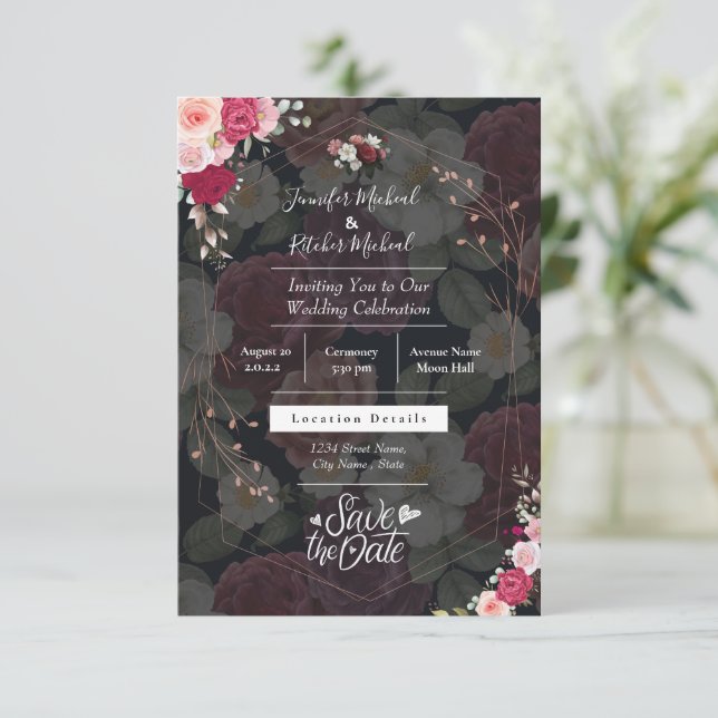 Chic Svartvitt tema med Burgundy Flowers  Inbjudningar (Stående Fram)