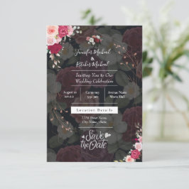 Chic Svartvitt tema med Burgundy Flowers Inbjudningar