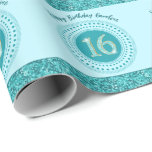 Chic Sweet 16 Birthday, Teal Blue Glitter & Rand Presentpapper<br><div class="desc">Elegant och unikt tealblått glitter nummer 16 med glitter rand och moderna cirkulära punkter och linjer. Anpassa namn.</div>