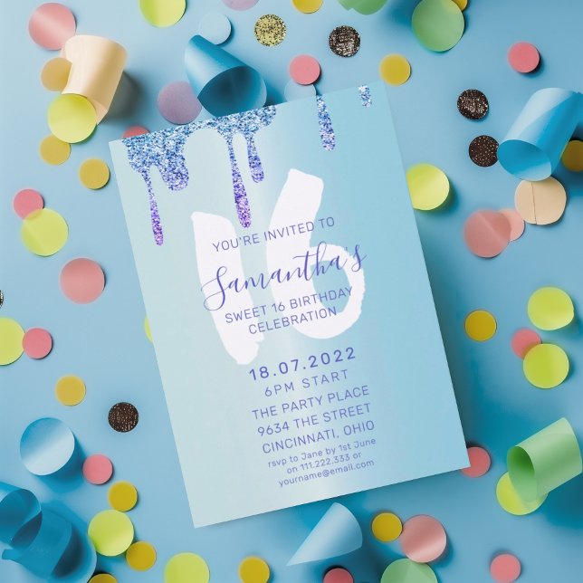 Chic Sweet 16 Blå & Glitterdroppar Födelsedag Inbjudningar (Skapare uppladdad)