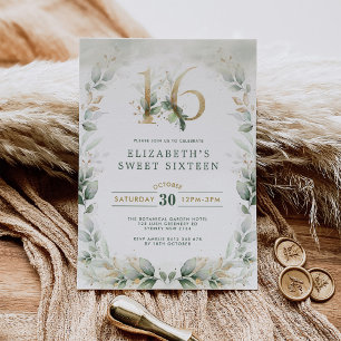 Chic Sweet 16 Botanical Grey Guld Birthday Inbjudningar