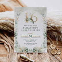 Chic Sweet 16 Botanical Grey Guld Birthday