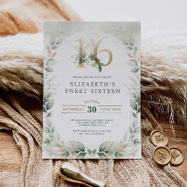 Chic Sweet 16 Botanical Grey Guld Birthday Inbjudningar