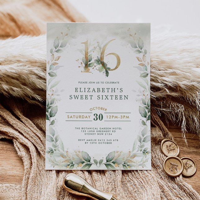 Chic Sweet 16 Botanical Grey Guld Birthday Inbjudningar (Skapare uppladdad)