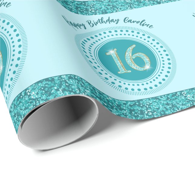 Chic Sweet 16 födelsedag, tealblå glitter & randig Presentpapper (Rullad Hörn)