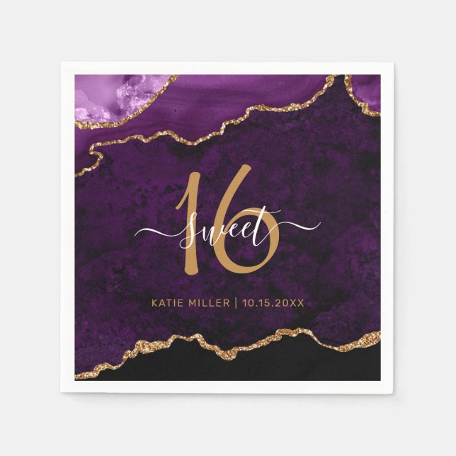 Chic Sweet 16 Lila Guld Agate Custom Name Party Pappersservett (Framsidan)