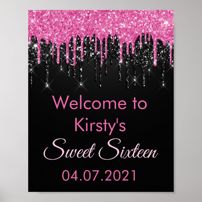 Chic Sweet 16 Rosa Black Glitter Party Välkommen P Poster (Framsidan)