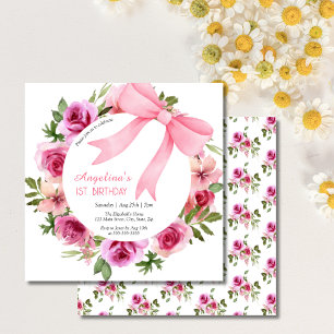 Chic Sweet Rosa Bow Ro Blommigt Birthday Inbjudningar