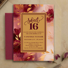 Chic Sweet Sixteen Burgundy Roses Gold Invitation Inbjudningar