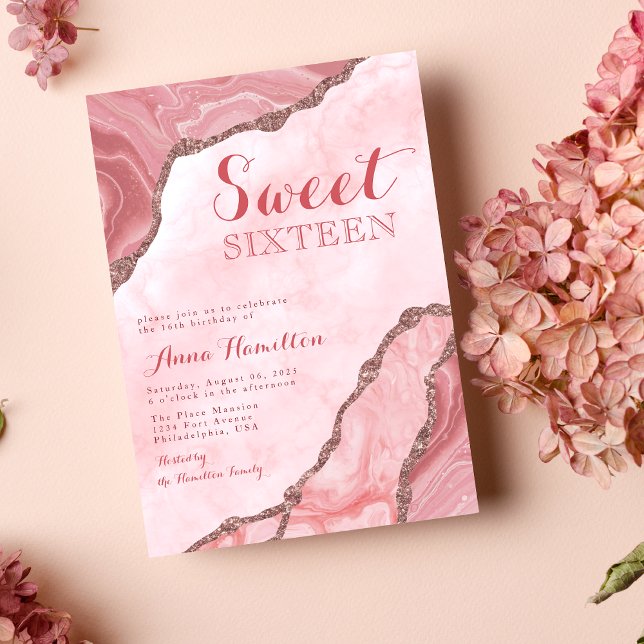 Chic Sweet sixteen  Rosa Guld Agate Geode Inbjudningar (Skapare uppladdad)