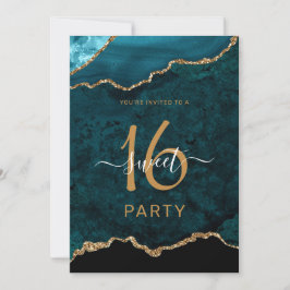Chic Sweet sixteen Teal Guld Agate Party Inbjudningar