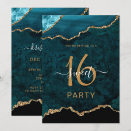 Chic Sweet sixteen Teal Guld Agate Party Inbjudningar